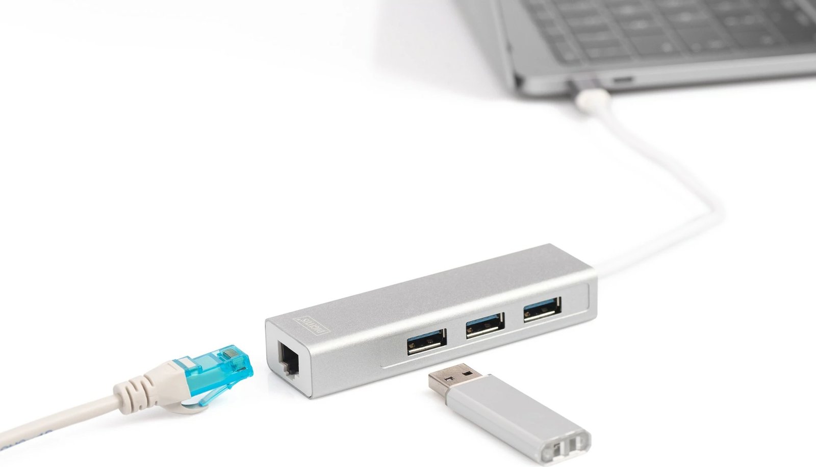 Hub USB Digitus, 3 Porta, Ethernet Gigabit, Gri, Bardhë