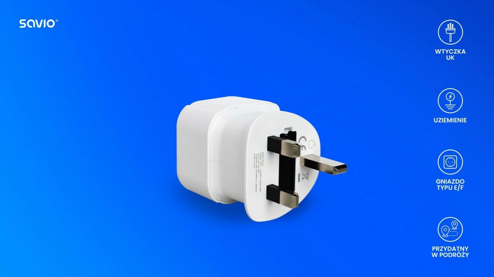 Adapter udhëtimi Savio AP-04, prizë EU në plug UK, i bardhë