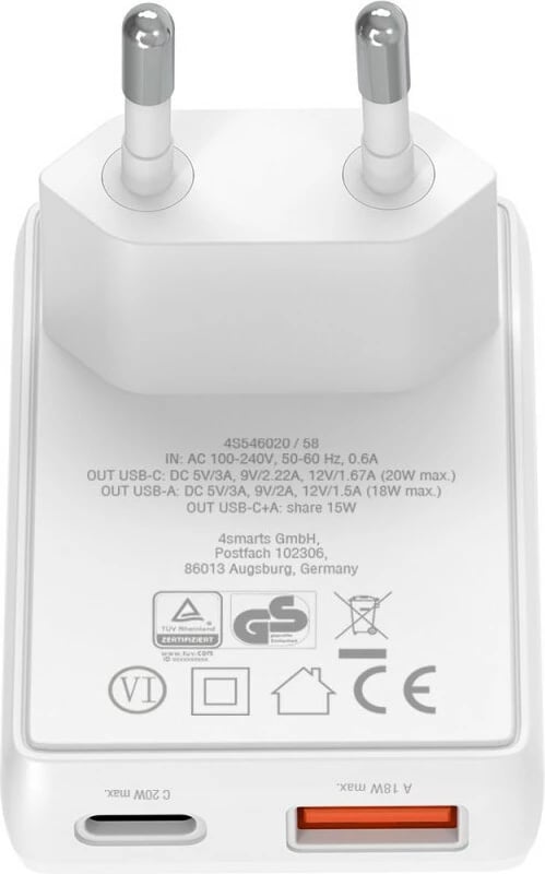 Karikues 4smarts FlatPlug Duos 20W GaN, 1x USB-C, 1x USB-A, i bardhë