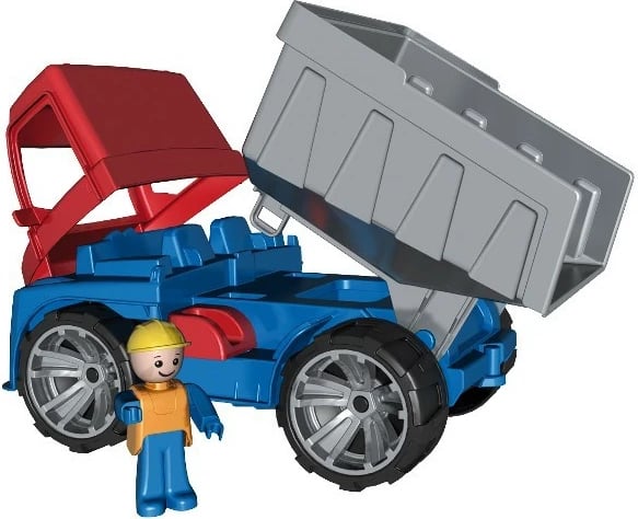 Kamion lodër Lena dump truck 27 cm, plastikë, blu/kuqe/argjend, me figurë