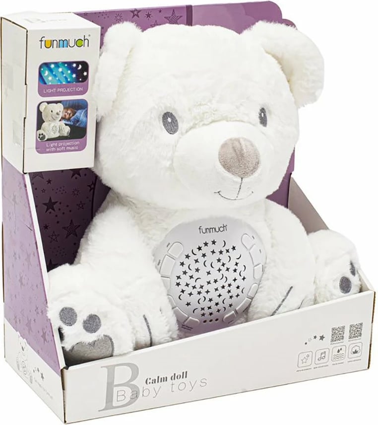 lodër pelushi me projektor, FUNMUCH, ari polar, projeksion yjesh e hëne, tinguj qetësues dhe zhurmë e bardhë, 33 x 35.5 x 33 cm, e bardhë