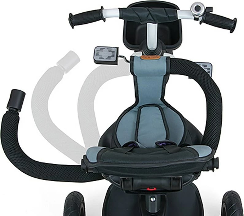 Tricikel për fëmijë Milly Mally Movi sedile 360°, rrota të fryra, dorezë prindi e rregullueshme, tendë palosëse, gri