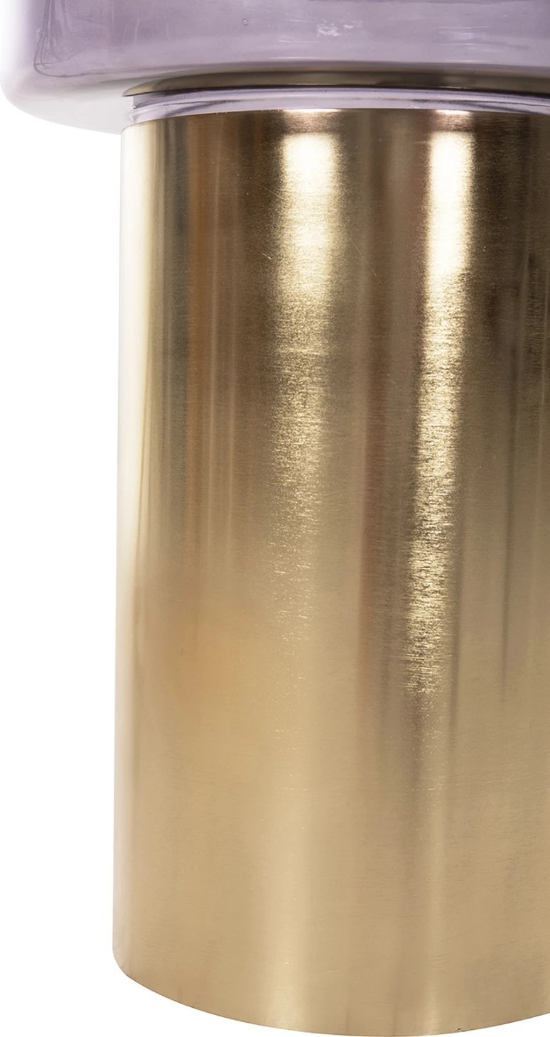 Tavolinë anësore e rrumbullakët, xham ngjyrë vjollcë, bazë metalike e artë, FH9728, Φ39x54H cm