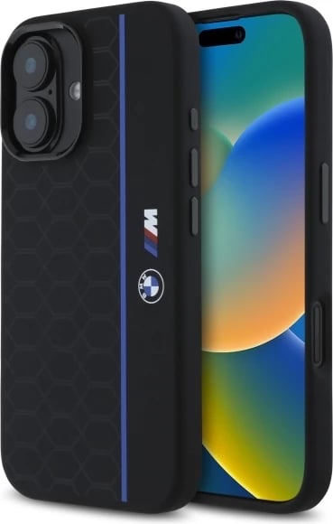Mbështjellës BMW Silicone Hexagon Blue Line MagSafe për iPhone 16, Zi