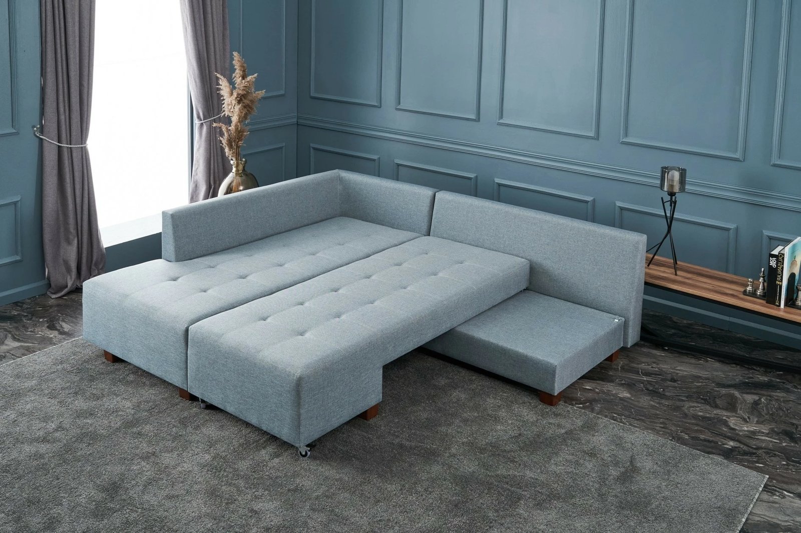 Kënd divan-krevat Atelier del Sofa, kënd Manama majtas, ngjyrë kaltër e çelët