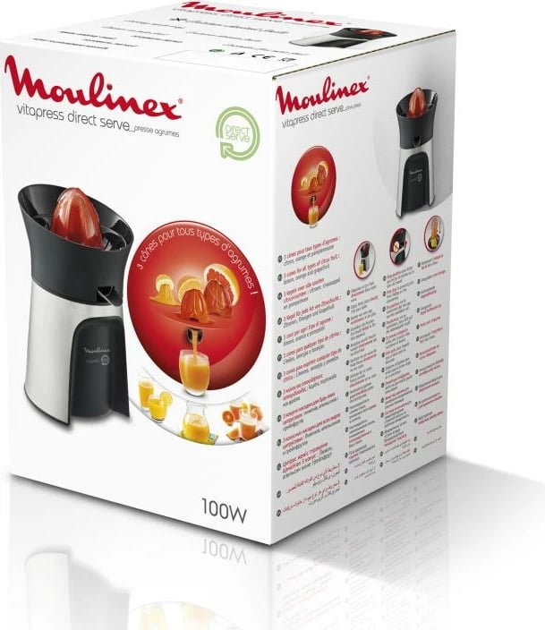 Shtrydhëse agrumesh, Moulinex, Vitapress PC603D10, Direct Serve me gryke, 3 kone shtypëse, auto on/off, e zezë/argjend