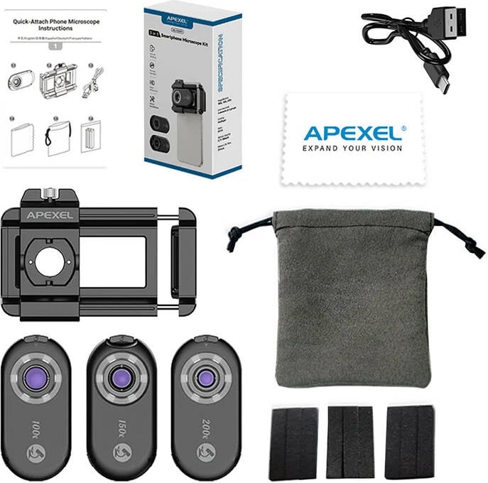 Set lente mikroskopike për smartphone Apexel APL-MS3IN1, 200x / 150x / 100x, 3 copë