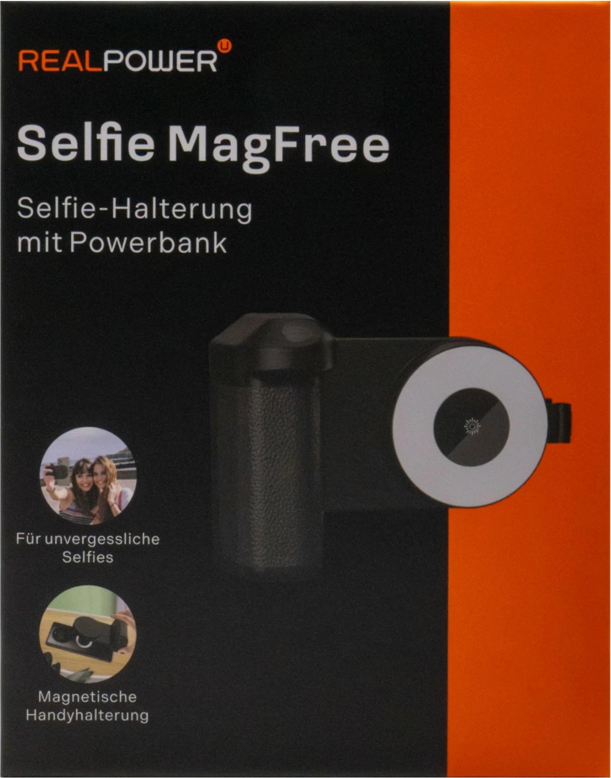 Mbajtës selfie Realpower MagFree, 4800mAh, dritë LED, i zi/i bardhë