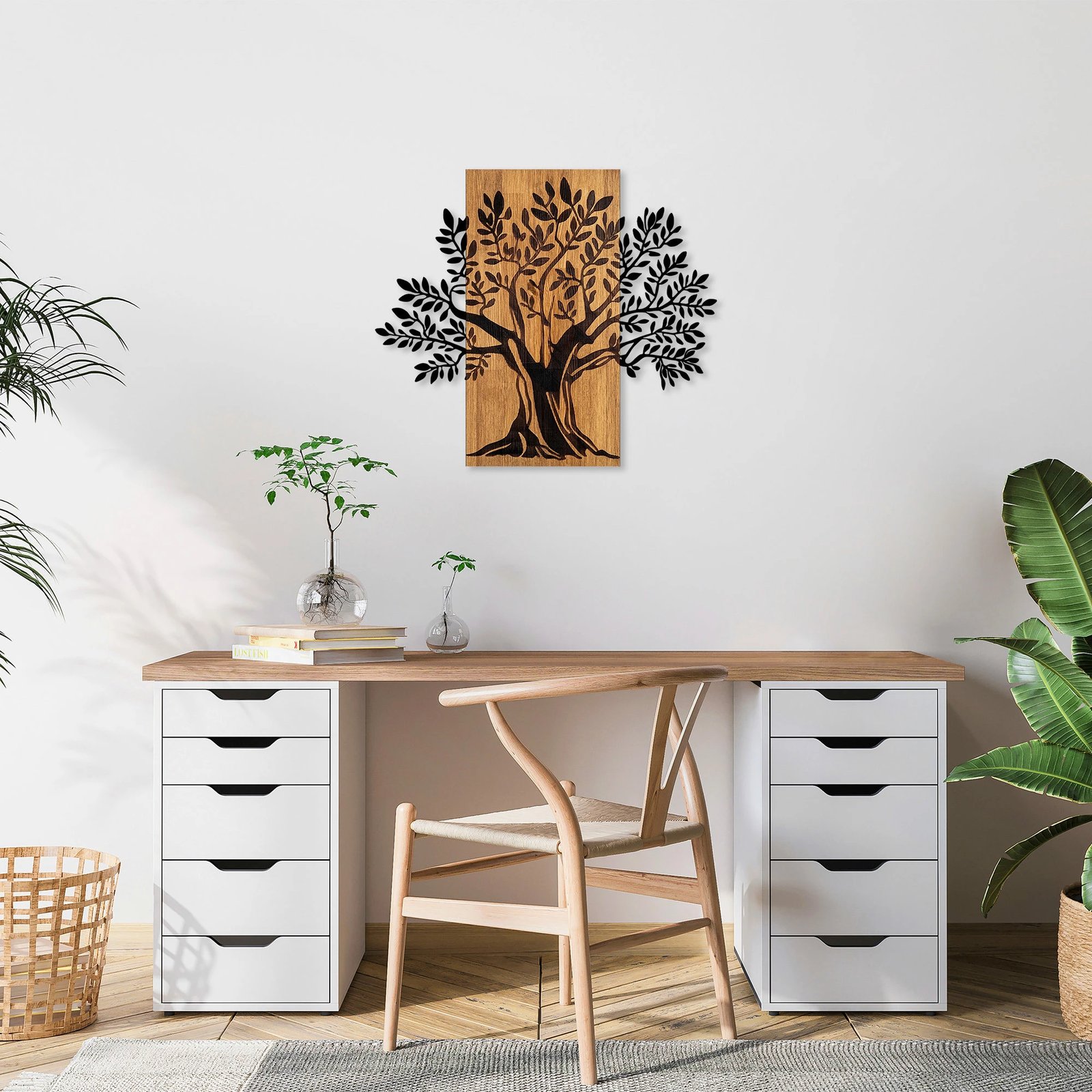 Aksesor dekorativ për mur, dru dhe metal, pemë monumentale, Wallity