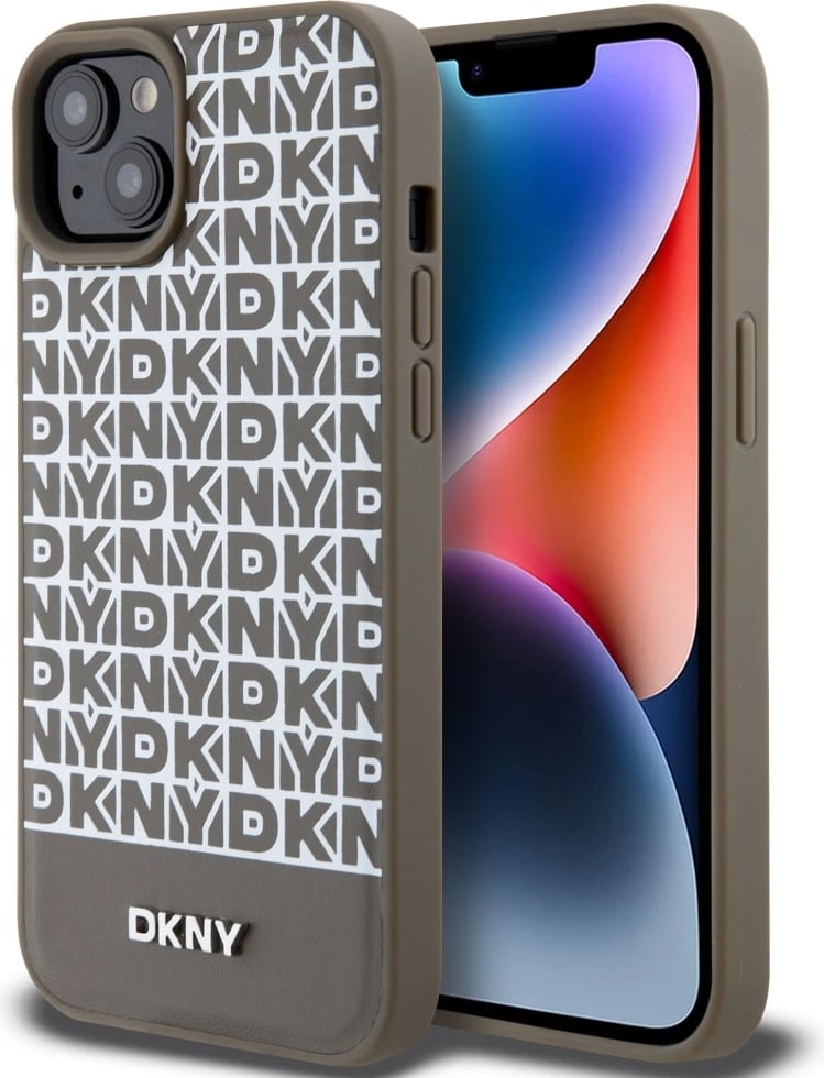 Mbështjellës DKNY Leather Printed Pattern Metal Logo MagSafe për iPhone 15/14/13, Kafe
