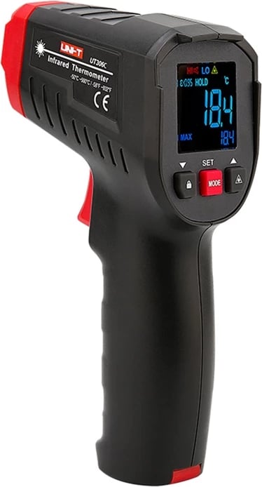 Termometër infrakuq, UNI-T, UT306C, gamë -50°C–500°C, raport 12:1, ekran EBTN, alarm Hi/Lo, emetueshmëri e rregullueshme, e kuqe/gri