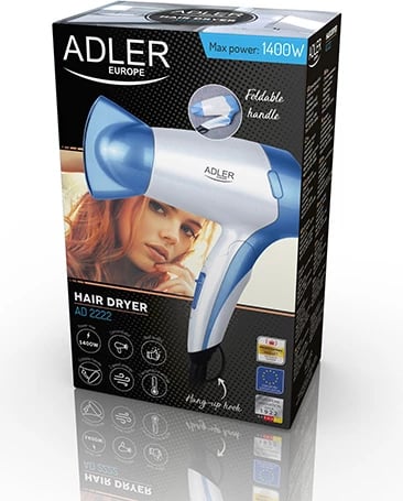 Tharëse flokësh, Adler AD 2222, 1200 W, 2 shpejtësi/nxehtësi, dorezë palosëse, me koncentrator, bardhë/kaltër