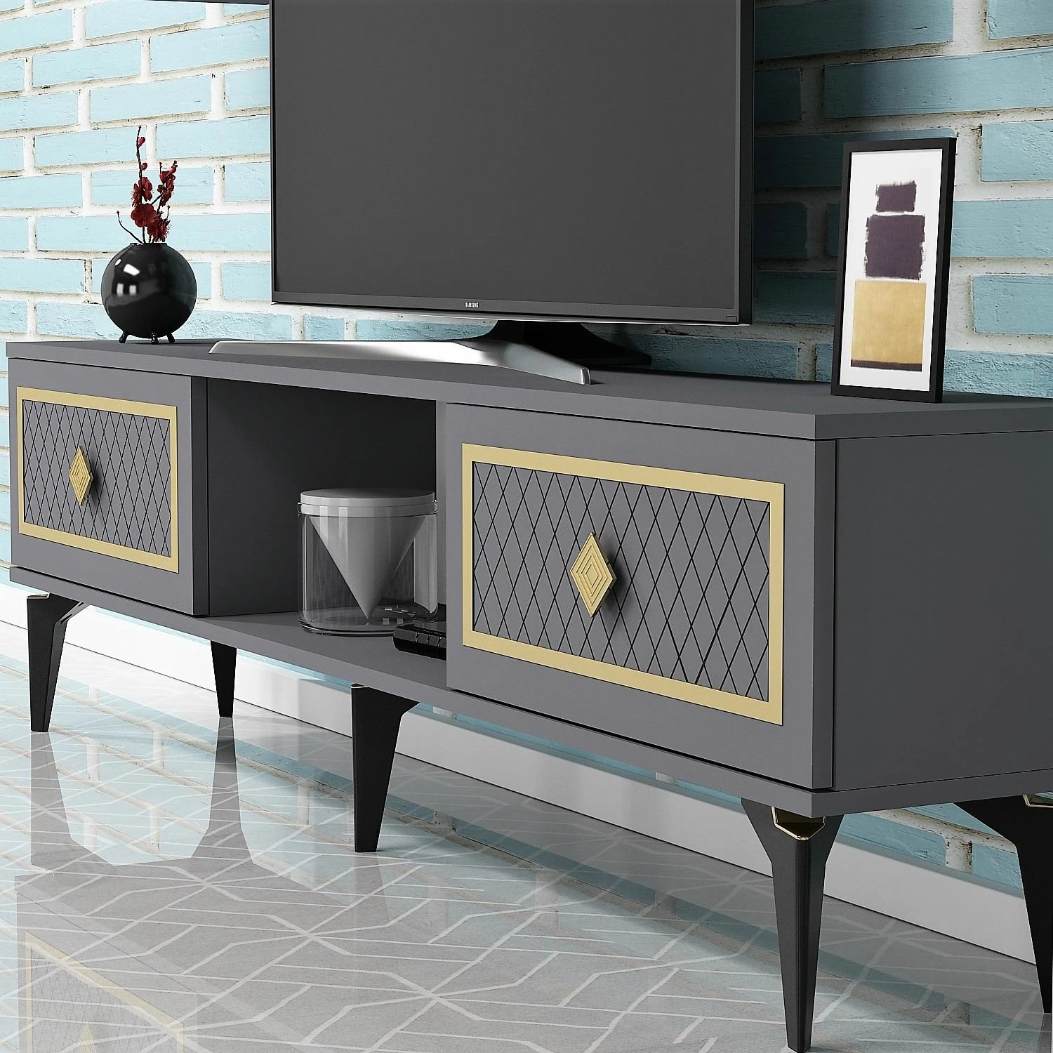 Komodë TV Skye Decor, ngjyrë antracit, detaje ari