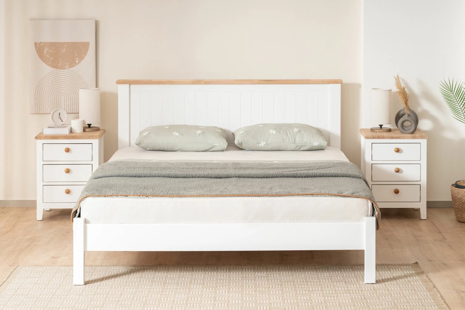 Kornizë dyshe krevati Hanah Home, stil modern country, e bardhë dhe lis, 120x200