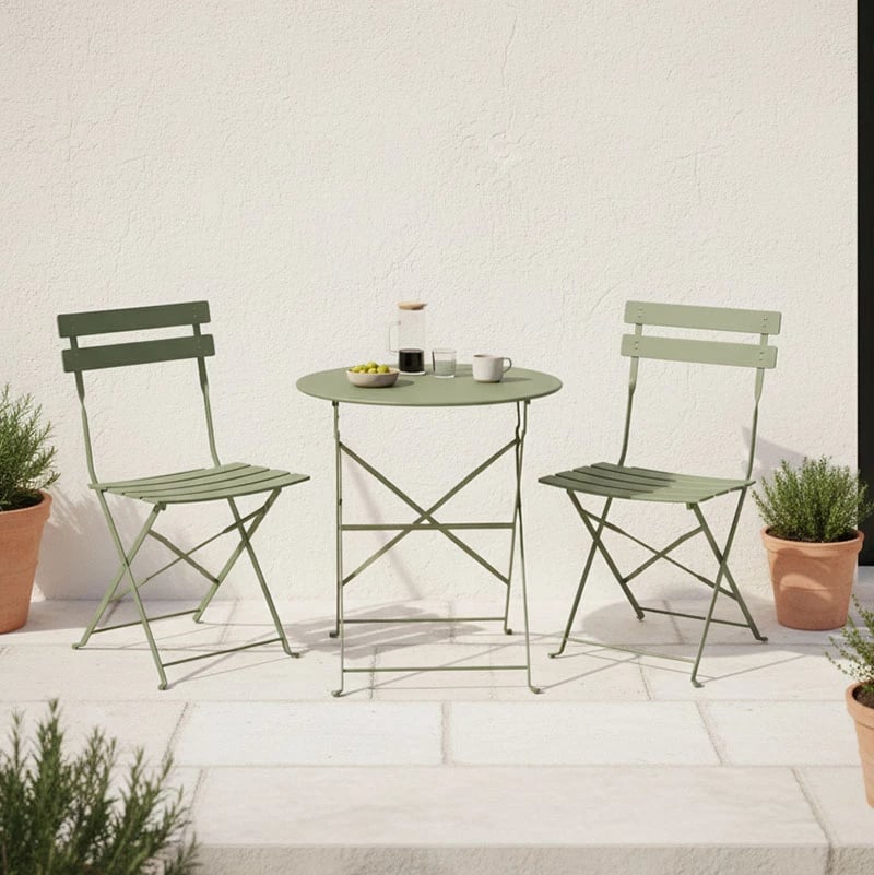 Tavolinë me karrige për terasë, metalike, palosëse, ngjyrë ulliri, set 3 copë, Φ60x71cm