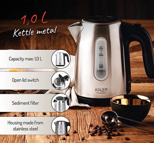 Çajnik elektrik, Adler, AD 1273, 1.0 L, 1000–1200W, trup çelik inox, bazë 360°, inox