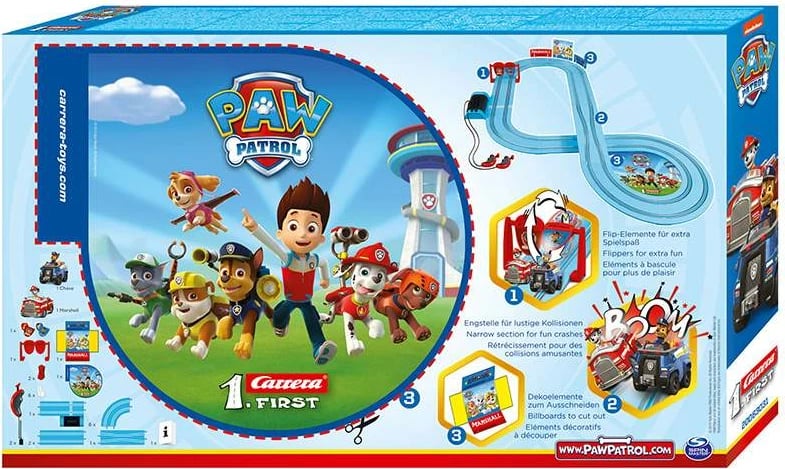 Set pistë garash Carrera FIRST Paw Patrol 2.9 m, shkallë 1:50, me 2 makina dhe 2 kontrollues, me bateri, multikolor