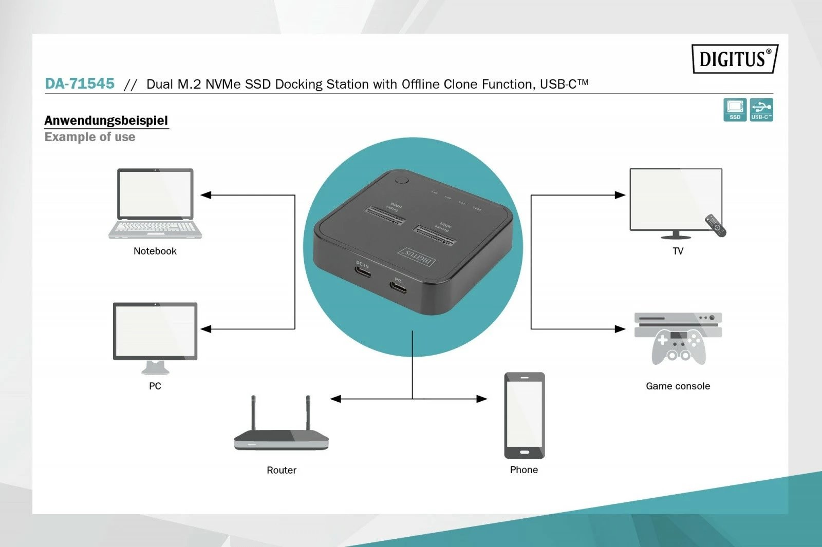 Stacion dokimi i dyfishtë Digitus DA-71545 për SSD M.2 NVMe, funksion klonimi offline, USB-C, zi