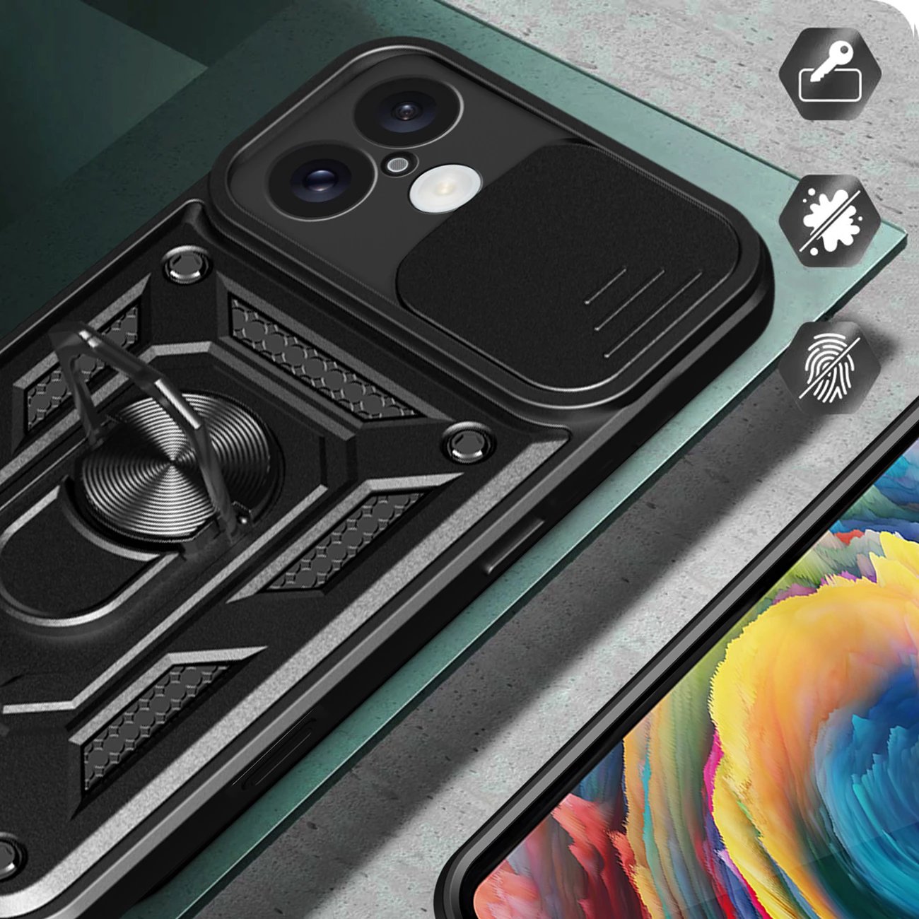 Mbështjellës Hurtel Hybrid Armor Camshield për iPhone 16, me mbulesë kamere dhe qëndrim, i zi