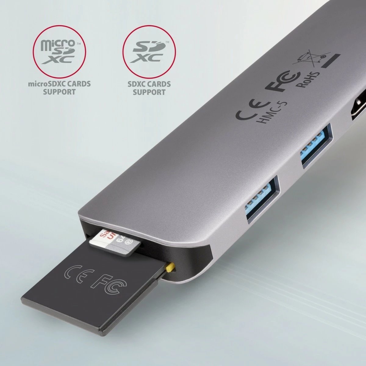Adapter multiport AXAGON HMC-5, 5 porte, USB-C, HDMI 4K, SD/microSD, Power Delivery 100W, 20cm, zi/gri