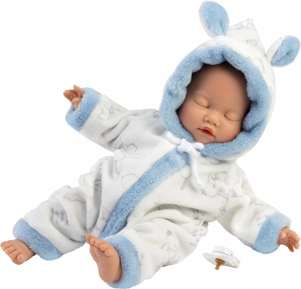 Kukull bebe, Llorens 63311, 32 cm, bark i butë pambuku, duar/këmbë/kokë vinyl, djalë, me smoc dhe veshje, e bardhë/blu