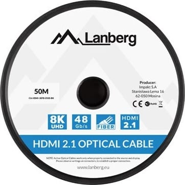 Kabllo HDMI Lanberg, M/M V2.1, 50M, 8K Optike AOC, e Zezë