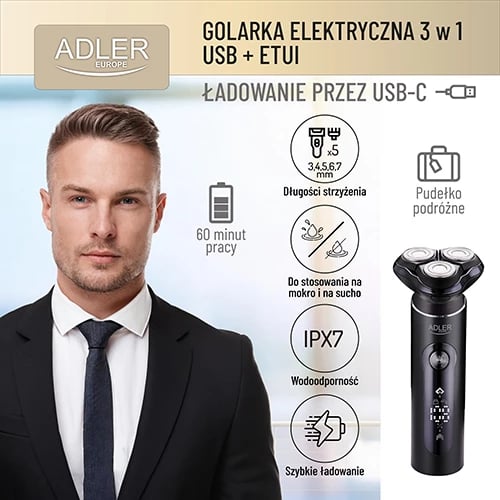 Makinë rroje, Adler, AD 2940 3 në 1, IPX7 Wet & Dry, LCD, USB-C, 60 min, me kuti udhëtimi