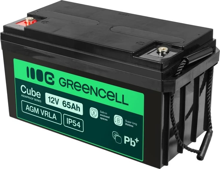 Bateri AGM VRLA, Green Cell, AGM12V65AH-J Cube, 12V 65Ah IP54, e zezë