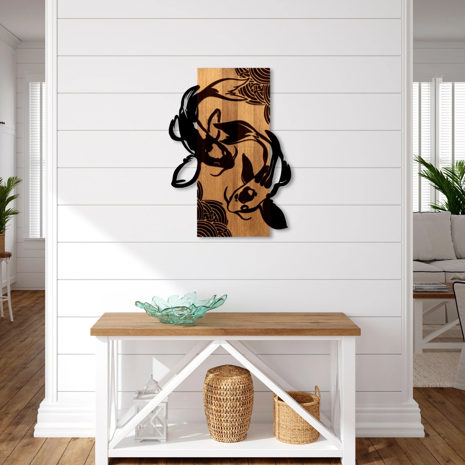 Aksesor dekorativ për mur, dru dhe metal, Wallity, Fish Yang, ngjyrë arre dhe e zezë