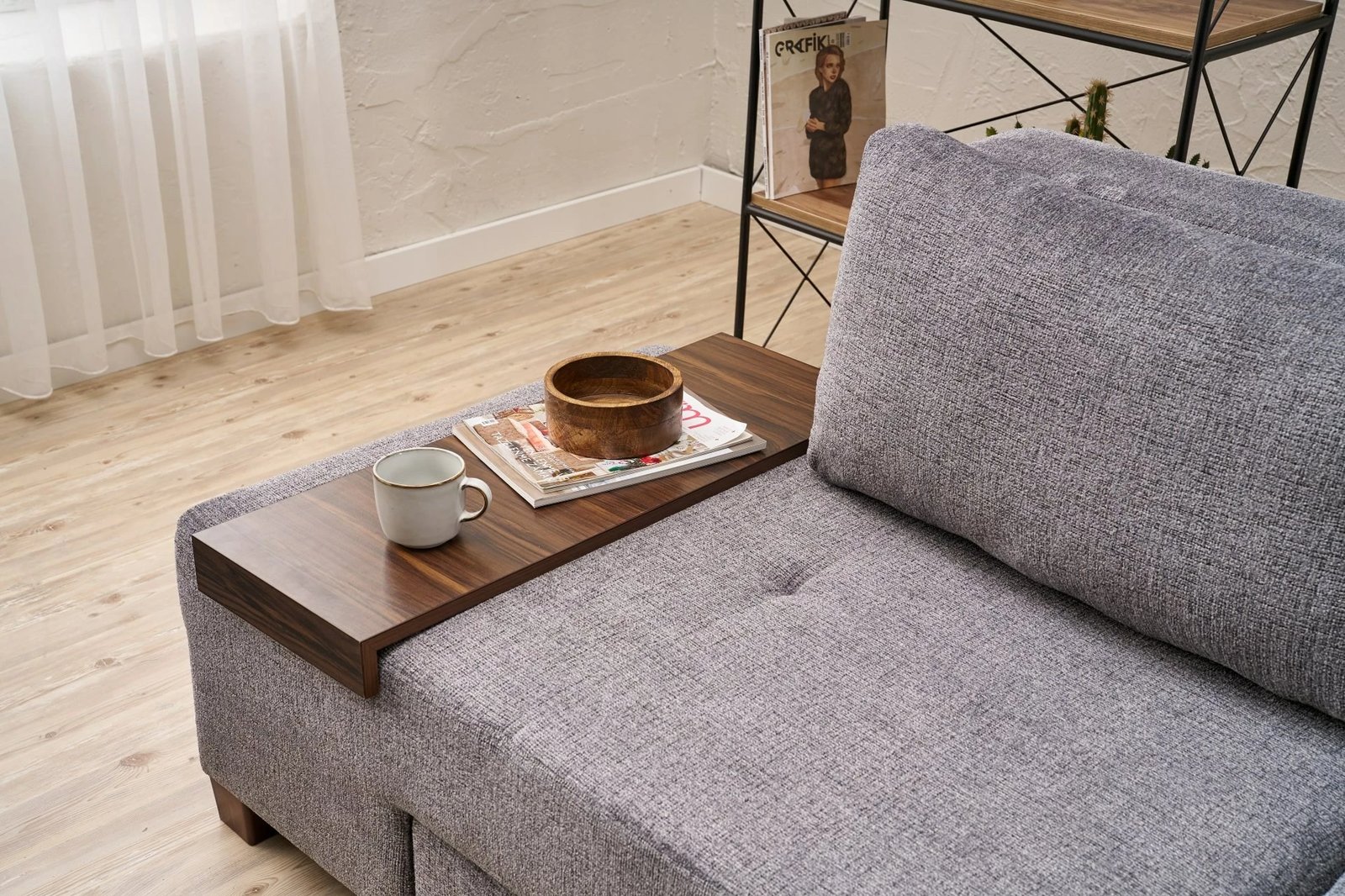 Divan-krevat treshe, pëlhurë chenille, ngjyrë gri, Perenna