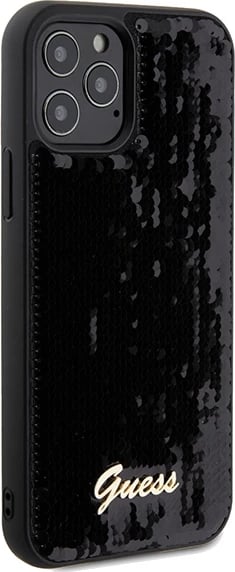 Mbështjellës Guess Sequin Script Metal për iPhone 12/12 Pro, i zi