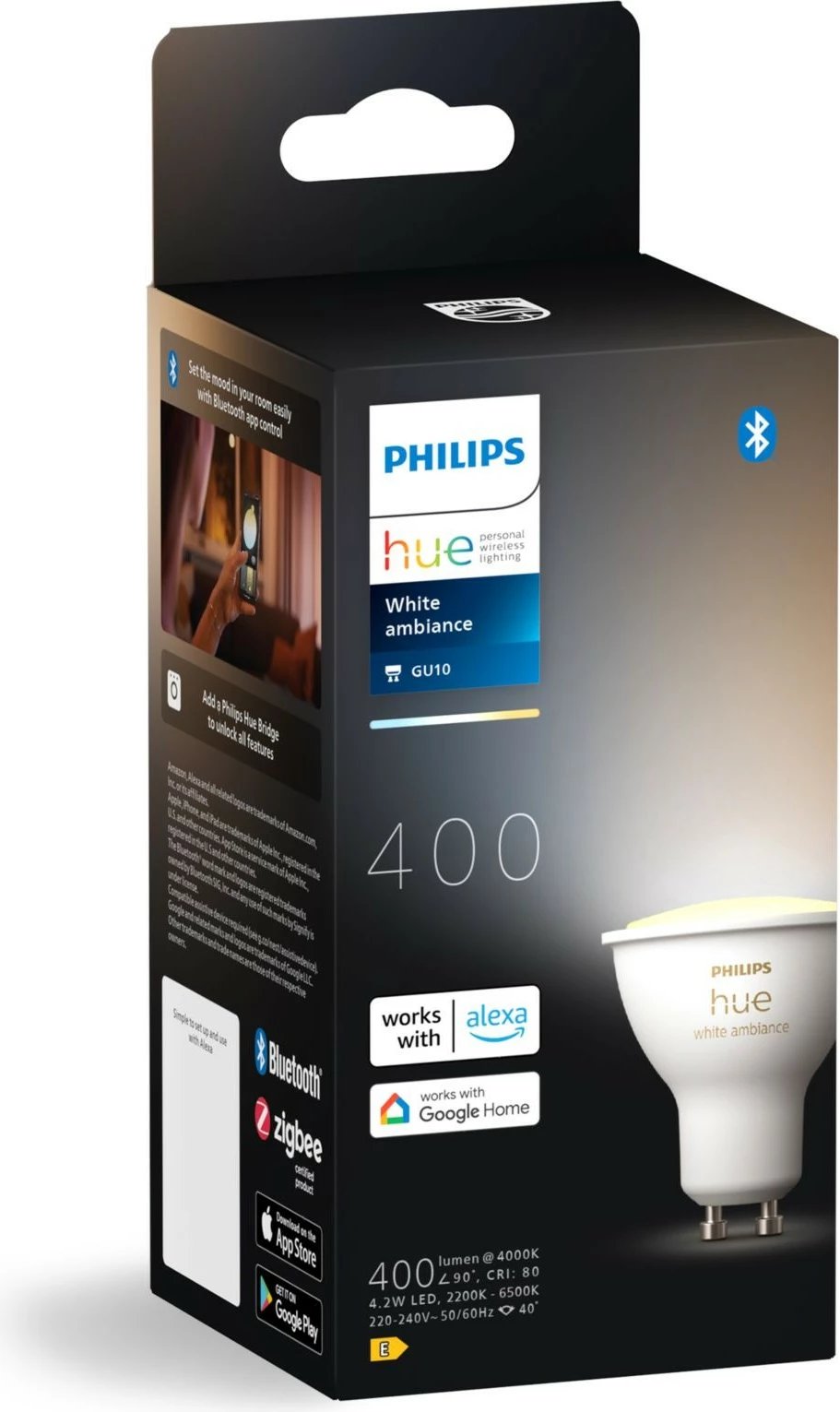 Spot i mençur Philips Hue White Ambience GU10, Bluetooth/Zigbee, i bardhë Spot i mençur Philips Hue White Ambience GU10, Bluetooth/Zigbee, i bardhë