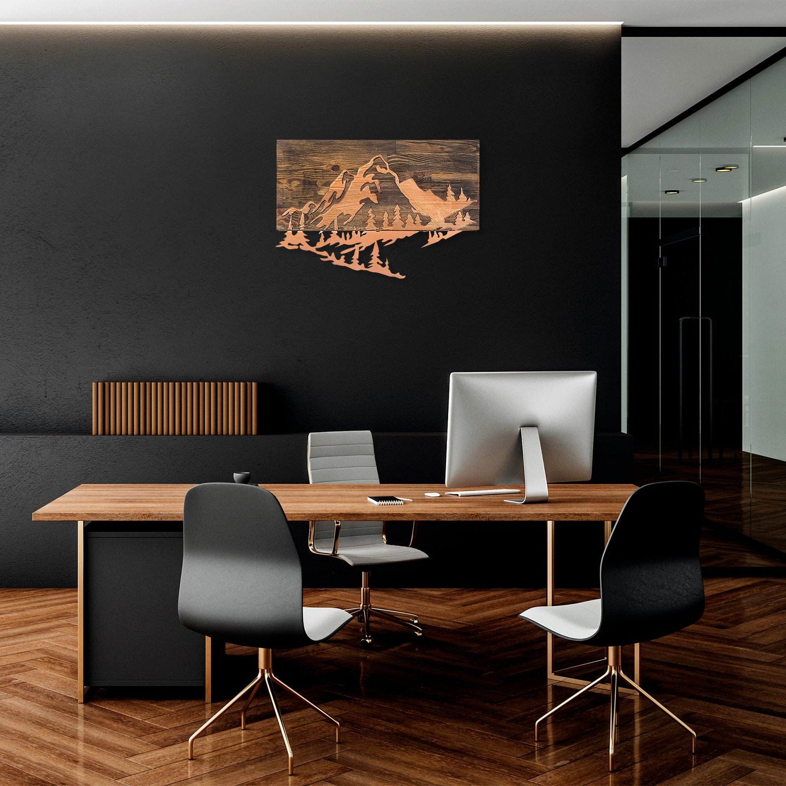 Aksesor dekorativ për mur, dru dhe metal, Wallity, Mountain v2, ngjyrë arre dhe bakri