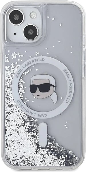 Mbështjellës Karl Lagerfeld Liquid Glitter Karl Head MagSafe për iPhone 15/14/13, Transparent