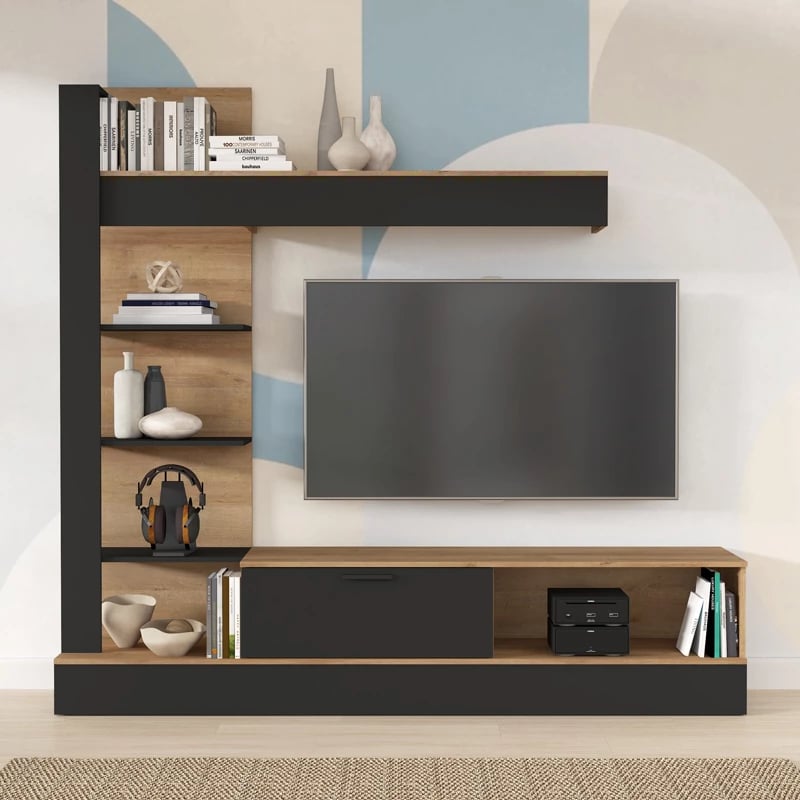 Kompleks dhome ndeje Dranko, melaminë, ngjyrë zezë-lisi, 205x41.5x192cm