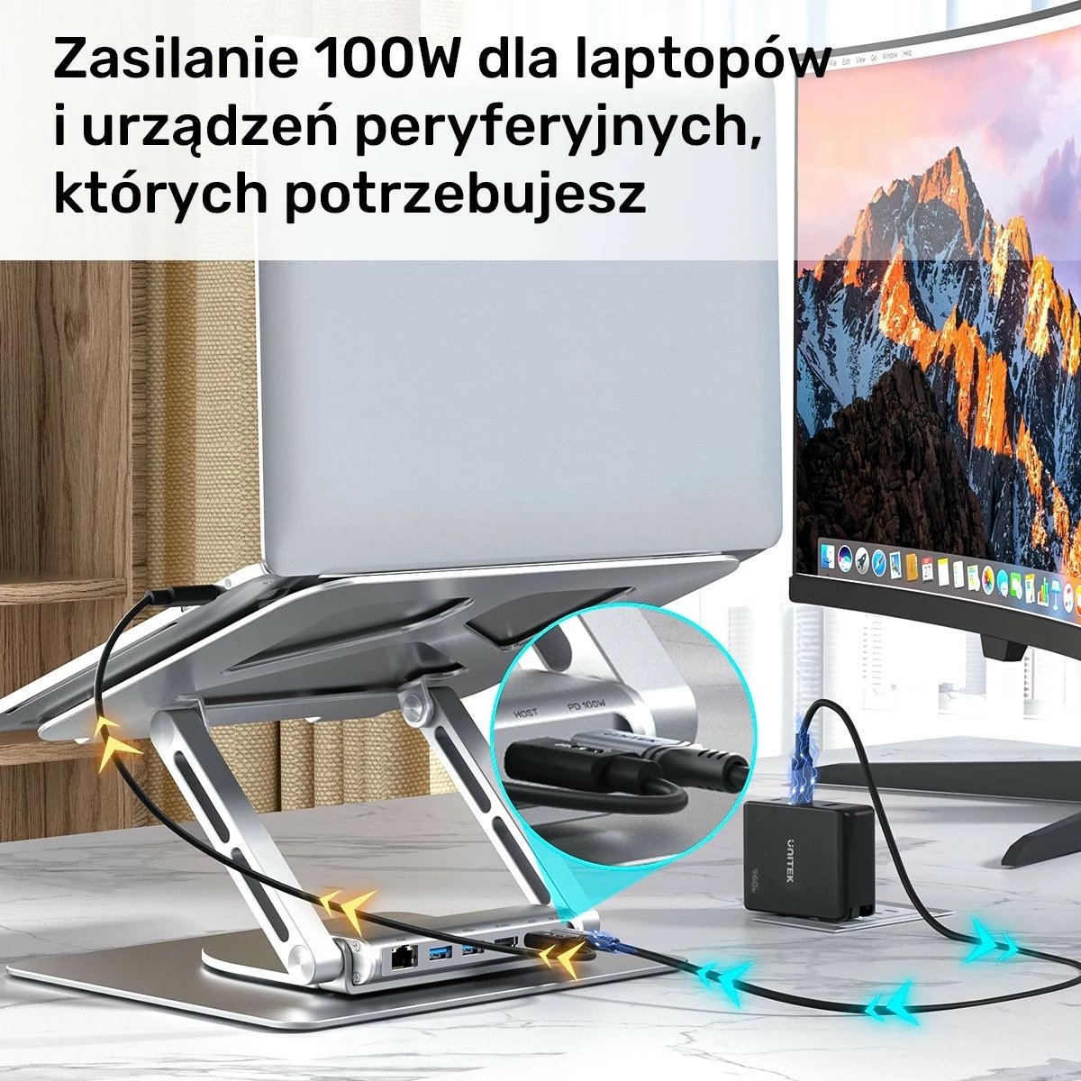 Podstavek për laptop Unitek USB-C HDMI 4K PD 100W, ngjyrë argjendi