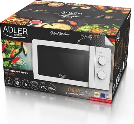 Furrë me mikrovalë, Adler AD 6205, 20 L, 700 W, 5 nivele, defrost, kontroll mekanik, e bardhë