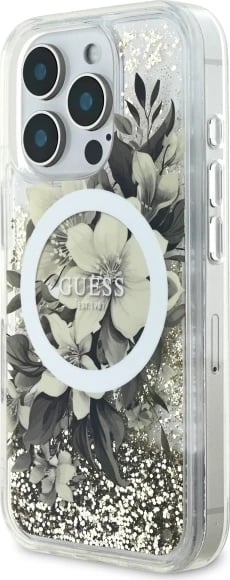 Mbështjellës Guess Liquid Glitter Flower MagSafe për iPhone 16 Pro, Bezhe