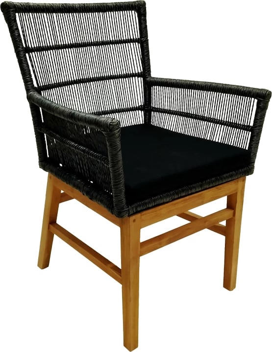 Karrige Inca dru teak dhe litar sintetik, ngjyrë natyrale-e zezë, me jastëk, 60x61x90cm