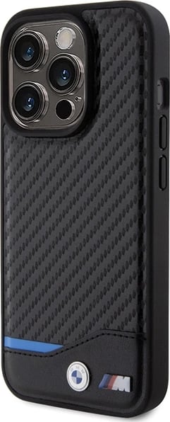 Mbështjellës BMW Leather Carbon MagSafe për iPhone 15 Pro, i zi