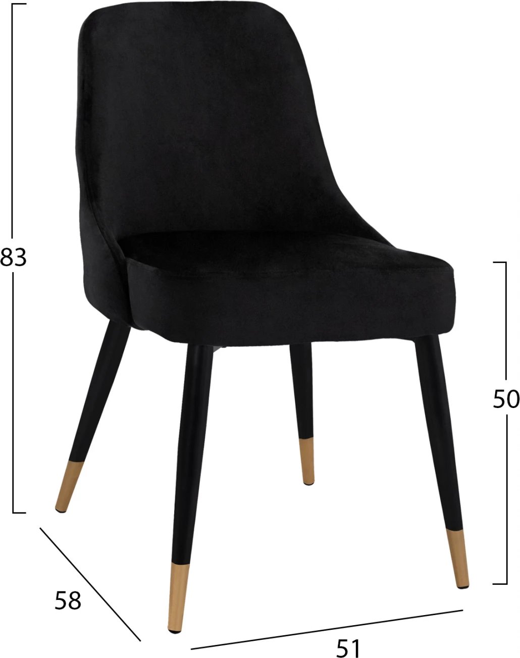 Karrige ngrënieje Serenity FH8527.04 kadife e zezë me kornizë metalike 52x61x83cm, set prej 2 copë