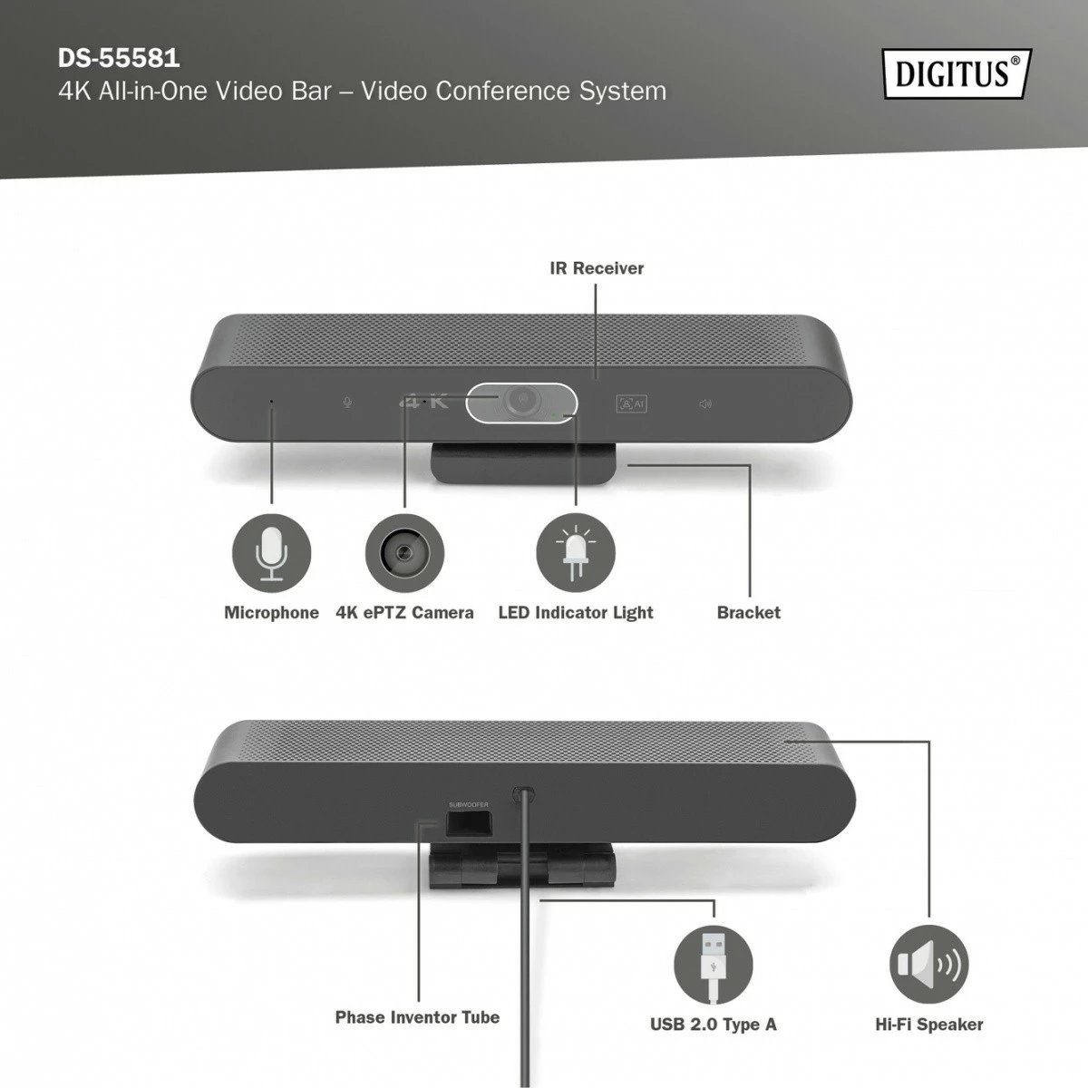 Sistem videokonference 4K Digitus DS-55581 me kamerë ePTZ, 8MP, 2 mikrofona, telekomandë, e zezë