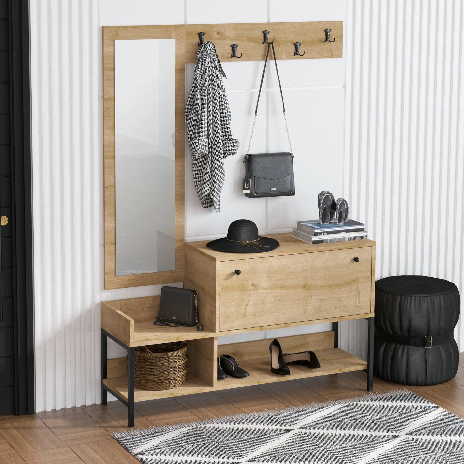 Dollap për këpucë, ngjyrë lisi safir, Skye Decor, me pasqyrë dhe varëse palltosh