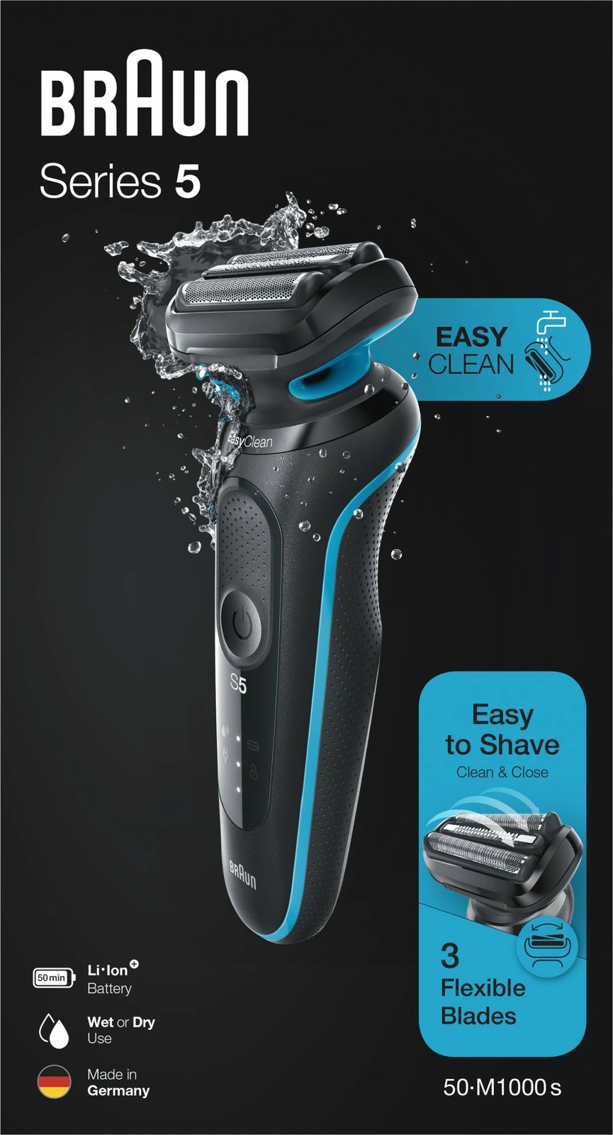 Makinë rroje Braun Series 5 50-M1000s, Foil shaver, LED, Bateri, Black, Blue Makinë rroje Braun Series 5 50-M1000s, Foil shaver, LED, Bateri, Black, Blue