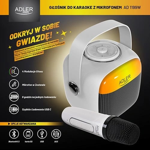 Altoparlant karaoke Adler AD1199W me mikrofon, i bardhë