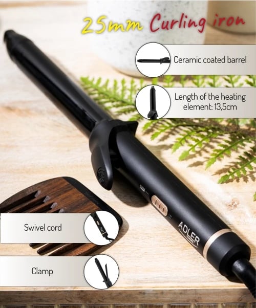 Hekur kaçurrelash, Adler, AD 2115, 25mm keramikë, 45W, kabllo 1.88m, i zi me elemente të arta