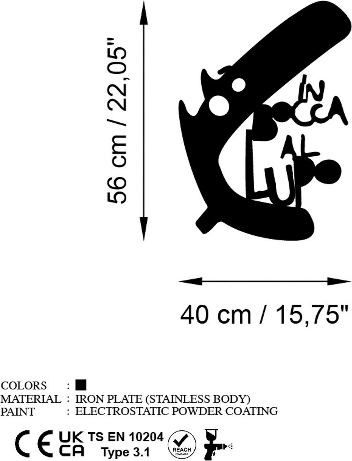 Aksesor dekorativ metalik për mur, Wallity Lupo 3, ngjyrë e zezë, 40x56cm
