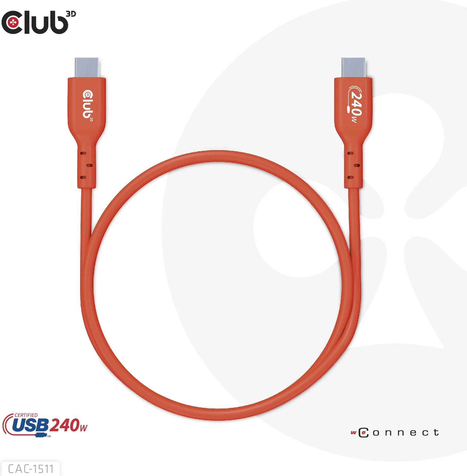 Kabllo USB-C Club3D 4m, 240W, 480Mb/s, e kuqe