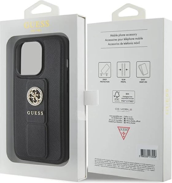 Mbështjellës Guess Grip Stand 4G Saffiano Strass për iPhone 15 Pro Max, i zi