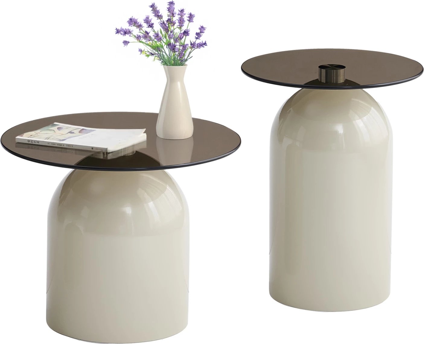 Set 2 tavolina kafeje Bellins, bazë metalike bezhë, sipërfaqe xhami, FH18314.04, Φ50cm & Φ39.5cm